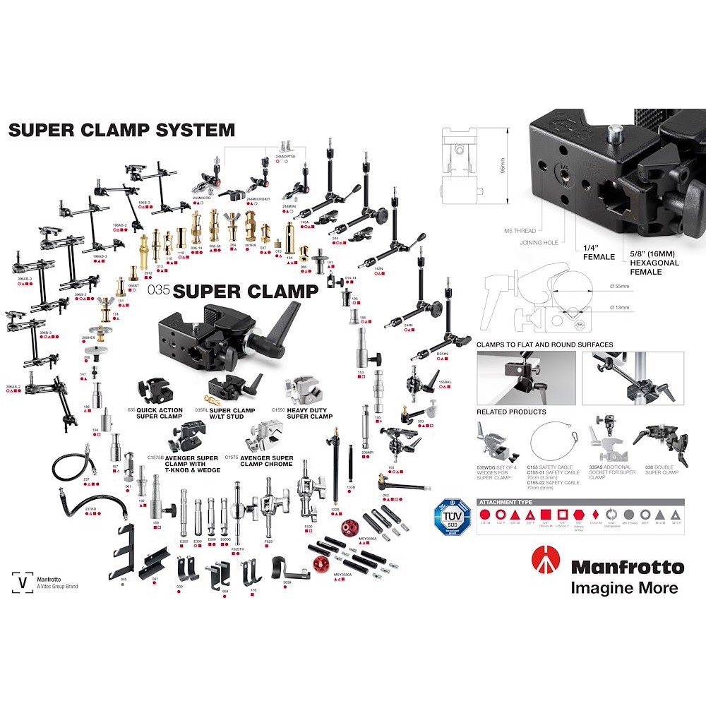 SUPER CLAMP 13-55mm / 15kg Manfrotto - Najbardziej wszechstronne akcesorium oświetleniowe Z powodzeniem utrzymuje sprzęt o wadze